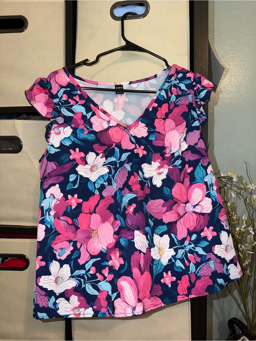 SHEIN Navy Floral V-Neck Flutter Sleeve Top with Pink & White Blooms